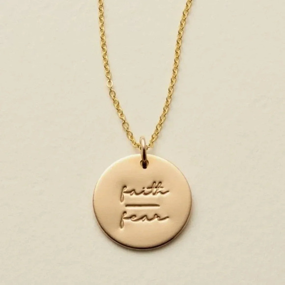 Faith over Fear Gold Round Disc Pendant Necklace - Picture 2 of 11